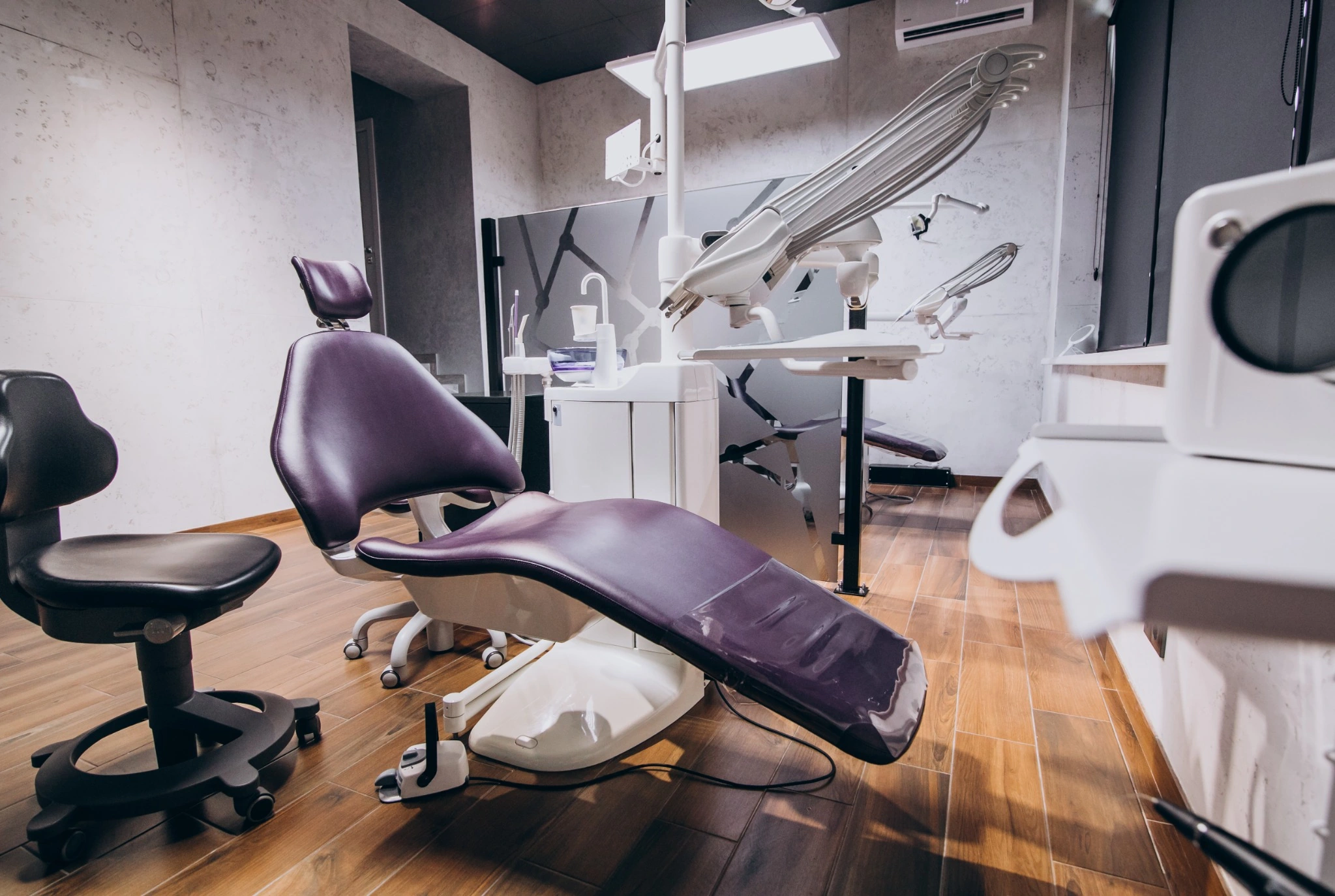 Dental operatory with dental chair and equipment service in progress